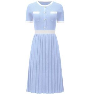 Hobemty Women's Pleated Short Sleeve Knitted Blue Dress Size XXL